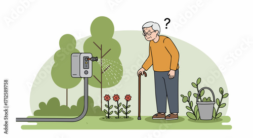 Illustration elderly man confused by irrigation system setup, unsure how automated watering system operates. Illustration of elderly man with thoughtful expression near garden irrigation system,