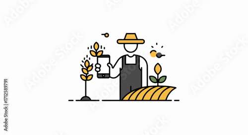 Illustration depicting smart farming concept with agricultural worker using digital tablet near growing wheat.
