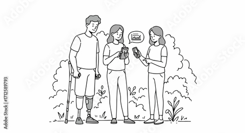 Digital accessibility drawing shows diverse people using smartphones. Group with man on prosthetic leg communicate, emphasizing digital accessibility and inclusion. Use for tech, education,
