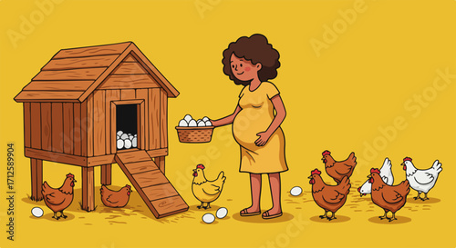 Pregnant woman collects eggs with chickens surrounding her, placing them in woven basket near hen house. Her pregnancy is celebrated with caring for animals, symbolizing healthy lifestyle.
