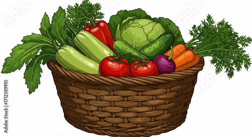 Fresh vegetables in basket shows abundance with cabbage, eggplant, and peppers. Diverse fresh vegetables display includes zucchini, tomatoes, and carrots arranged in woven basket.