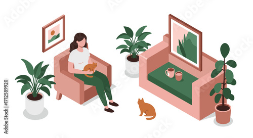 Cozy home scene with woman and cats relaxing in minimalist living room