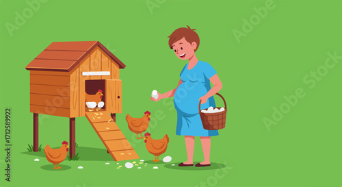 Pregnant woman collecting fresh eggs from chicken coop on farm, surrounded by happy hens. Pregnant woman gathers organic eggs in wicker basket, emphasizing natural lifestyle and healthy eating.