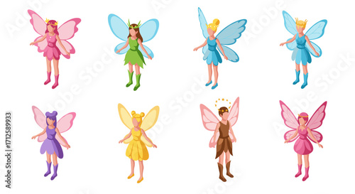 Colorful isometric fantasy fairies with vibrant wings in various outfits and poses