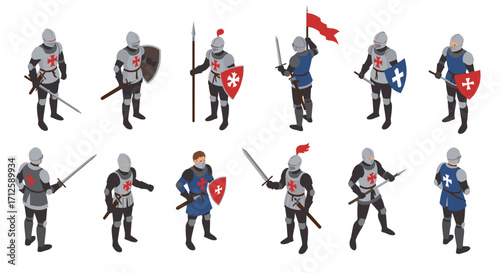 Medieval knights in armor with shields and swords in isometric style