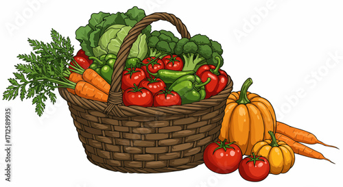 Wicker basket vegetables featuring carrots and pumpkin ready for cooking. Wicker basket vegetables and diverse produce shown are fresh, tasty and nutritional.
