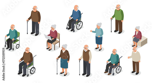 Isometric elderly people in various activities and poses on white background