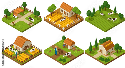 Isometric farming scenes with cows and barns in pastoral landscapes