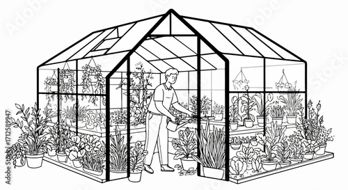 Greenhouse illustration presents interior with potted plants, person watering plants, creating a garden oasis. Greenhouse displays horticulture and gardening concepts,