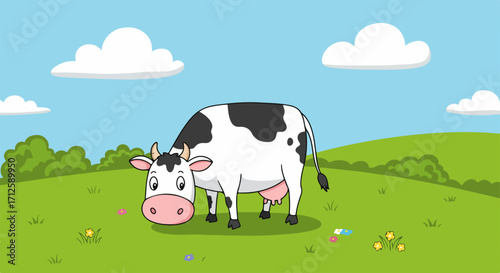 Cartoon cow illustration on green field and blue sky day, cute cartoon cow with distinctive black spots peacefully grazing. Cartoon cow is ideal for children's educational materials.