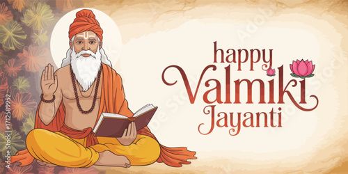 Sage Valmiki seated with book and blessing gesture, celebrating Valmiki Jayanti with traditional attire, lotus motif, and cultural reverence