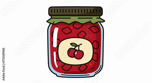Cherry jam illustration on white background, featuring cute cartoon cherry jam in jar with fruit label. Delicious cherry jam makes great gift, preserves summer flavor,
