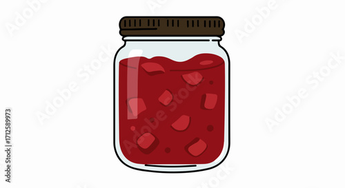 Isolated jar of jam on white background. Jar with red colored contents featuring fruit chunks, a homemade delicacy. Homemade jam for breakfast toast, gift or commercial use.