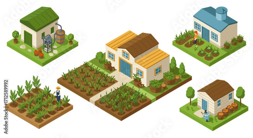 Isometric farmhouse and garden set with crops and vegetables