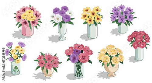 Colorful floral arrangements in vases: isometric botanical design