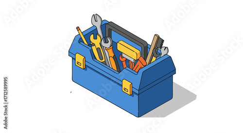 Isometric cartoon toolbox with tools in blue box on white background