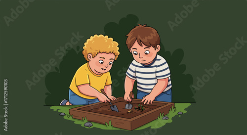 Two little boys gardening together, planting seeds in soil, sharing a gardening project. Gardening together fosters teamwork, while gardening teaches responsibility and respect for nature.