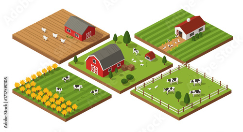 Isometric farm scene with barns, fields, and animals in vivid detail