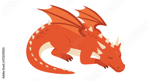 Sleeping dragon with spiky horns and wings in flat cartoon style