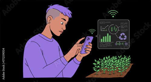 Smart agriculture shown with farmer, phone, and data, offering new opportunities. Smart agriculture and precision farming techniques can improve efficiency and yield.