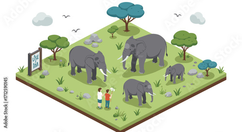Isometric elephant sanctuary with visitors in nature scene