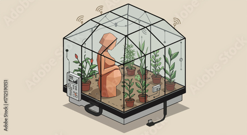 Clay sculpture representing surrogate mother in greenhouse full of plants. Surrogate mother embraces concept of life, growth and technology.