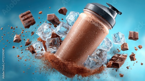 Dynamic Chocolate Protein Shake in Shaker Bottle with Exploding Ice Cubes, Cocoa Powder, and Chocolate Chunks Against Blue Background