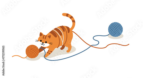 Playful cat with yarn balls on white background