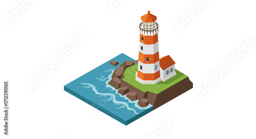 Isometric lighthouse on coastal cliff with waves and rocks