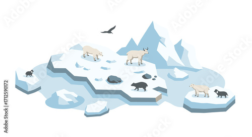 Arctic wildlife isometric scene with polar and mountain animals on iceberg