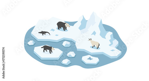 Isometric arctic animals on iceberg with penguins and polar bear