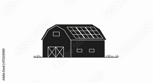 Barn with solar panels on white provides an illustration of sustainable energy. Black and white barn showing environmental awareness with eco-friendly solar panels that harnesses renewable energy.