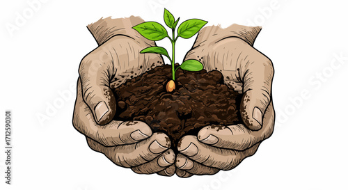 Two hands holding sprout with soil on a white background, symbol of care and growth. Sprout of new life rests in gentle hands with brown soil, depicting fresh start and renewal.