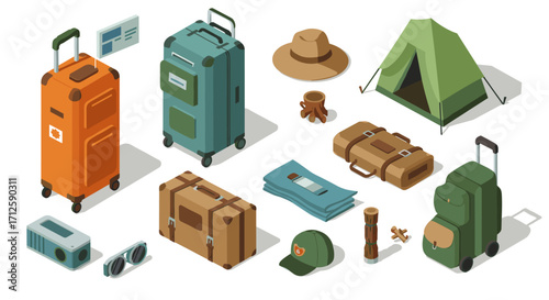 Isometric travel and camping equipment: luggage, tent, and gear