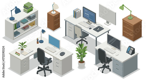 Modern isometric office workspace with desks, computers, and plants
