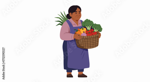 Woman farmer carrying basket full of fresh vegetables. Woman farmer showcases her organic produce, including broccoli, tomatoes, and bell peppers. This woman farmer celebrates harvesting vegetables,