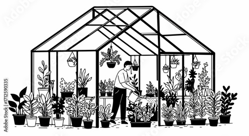 Greenhouse gardening illustrated in grayscale shows man watering plants in his indoor greenhouse, promoting indoor cultivation.