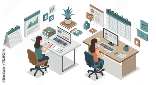Collaborative office workspace with isometric design and digital elements