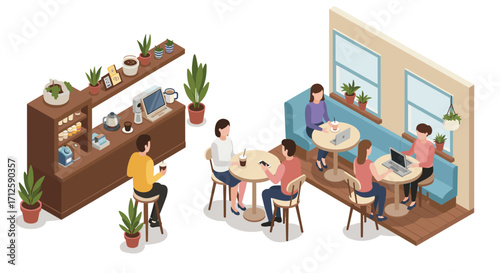 Isometric café scene with people working and socializing