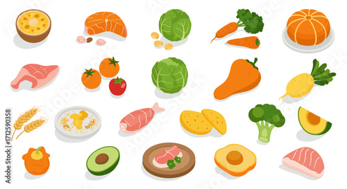 Colorful assortment of fresh food in isometric style on white background
