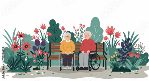 Senior couple sitting in garden, enjoying vibrant floral display. Senior couple admires flowering plants, finding peace and companionship outdoors, sharing a quiet moment in garden.