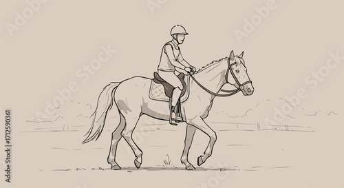 Sketch of equestrian sport featuring horse and rider. Equestrian sport drawing showcasing horse riding, dressage and jumping with rider in action on equestrian animal.