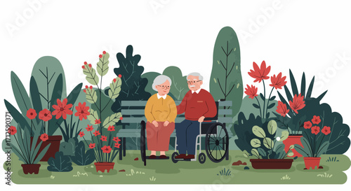 Elderly couple enjoying garden scene, featuring blooming flowers and lush plants. Elderly couple relaxing together offers peaceful, joyful moment on bench near wheelchair.