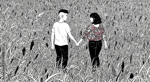 Illustrated couple walking through field holding hands, couple walking. Couple walking and holding hands, enjoying calm and nature. Couple walking with loving emotion for romance stories,