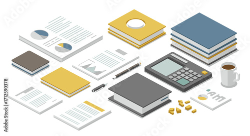 Isometric office desk with books, calculator, and coffee mug