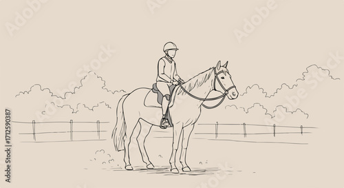 Horse riding illustration with equestrian figure and horse in a field. Equestrian horse riding illustration showcases preparation for competition and horse exercise. Horse riding for leisure,