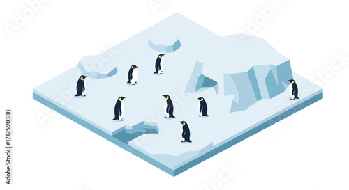 Isometric penguin colony on icy terrain with icebergs and snowy caves