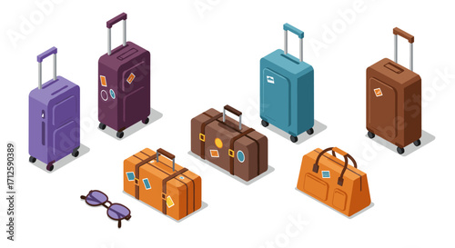 Isometric travel suitcase collection with colorful luggage and accessories