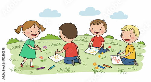 Children drawing together on green meadow, four kids enjoying drawing session outside in nature. Children drawing as creative activity, and cheerful entertainment under the sun.