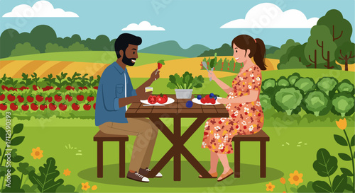 Couple eating outdoors at wooden table enjoying fresh fruits and vegetables. Eating outdoors with healthy food from garden includes colorful berries, tomatoes, and green salad.